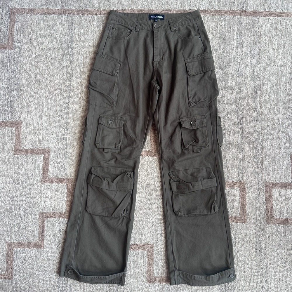 Fashion Nova Cargo Pants Womens S Multi Pocket Y2K Brown Utility Streetwear